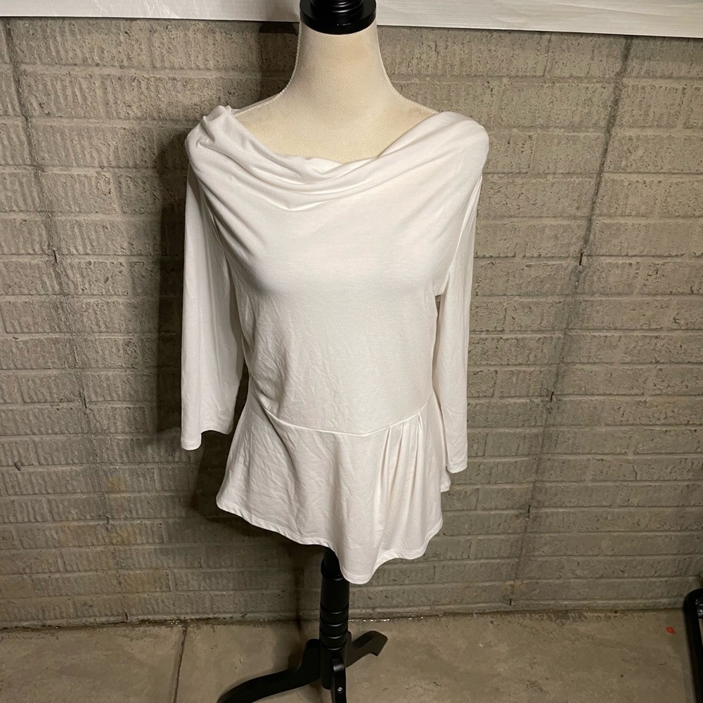 Strazzi Womens White Long Sleeve Draped Neckline Peplum‎ Blouse Top Size Medium